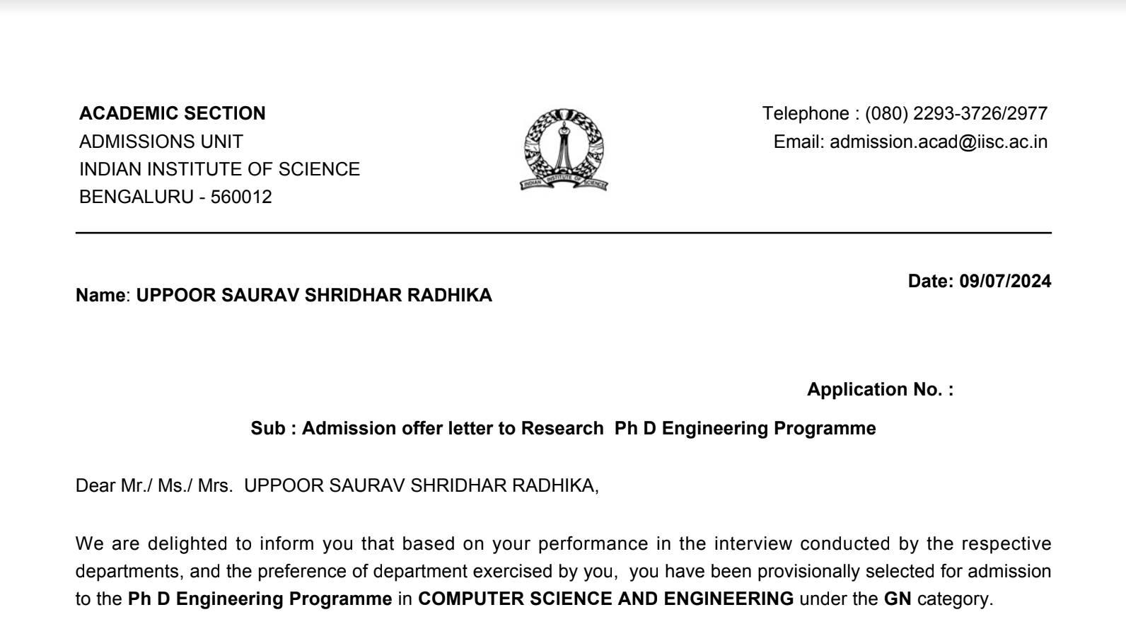 IISc Offer